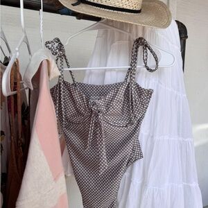 Polka Dot Tie-Strap One-Piece Swimsuit in Taupe